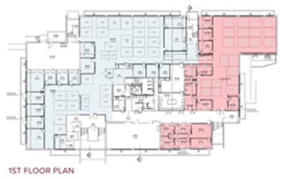A blueprint of the first floor of Ronan Hall showing the building room layout