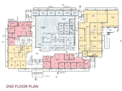 A blueprint of the second floor of Ronan Hall showing the room layout