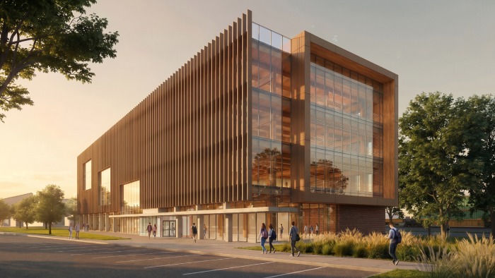 A rendering of the new College of Medicine building looking South West, showing students walking outside a building with many glass windows and walls.