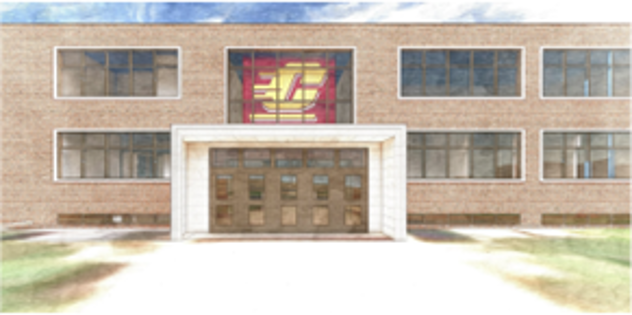 A rendering of the front elevation of Ronan Hall showing the main entrance doors, windows and a large CMU flag in the top center window