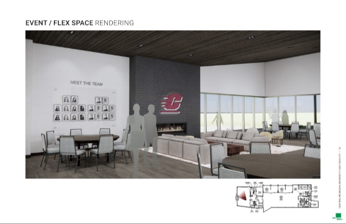 A rendering of the event space in the golf facility showing multiple seating areas, a fireplace, an Action C and a Meet The Team wall with pictures of athletes.
