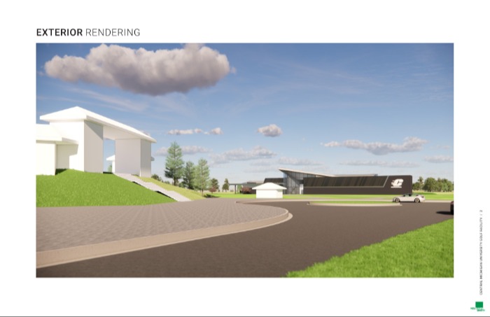 A rendering of the exterior of the golf facility showing parking, green grass and a white entranceway.