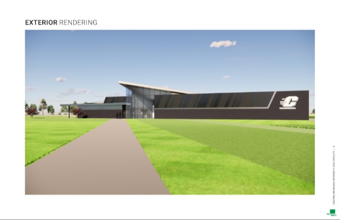 A rendering of the exterior of the golf facility show a large dark building with an Action C on the end and a point overhang above the entrance.