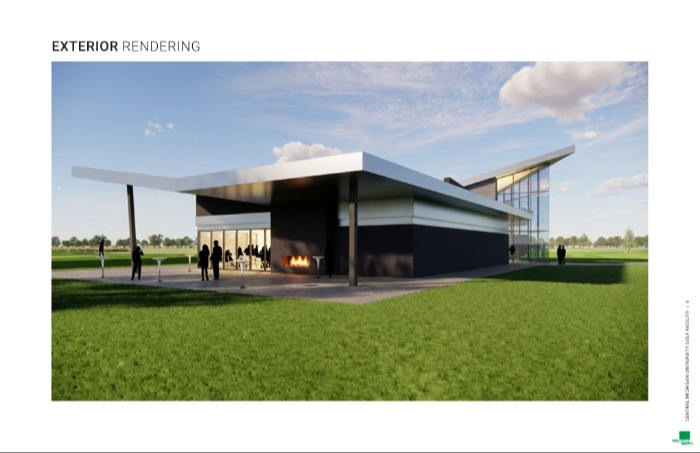 A rendering of the exterior of the golf facility showing a fire pit and people outside.
