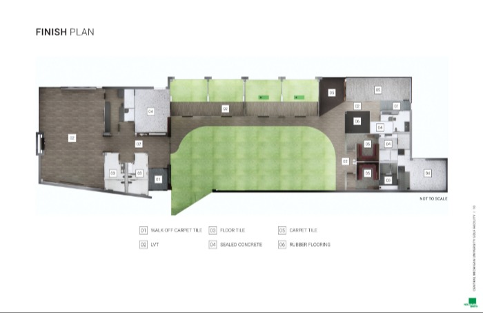 A rendering of the golf facility's floor plan showing the different areas and the materials they will be made with.