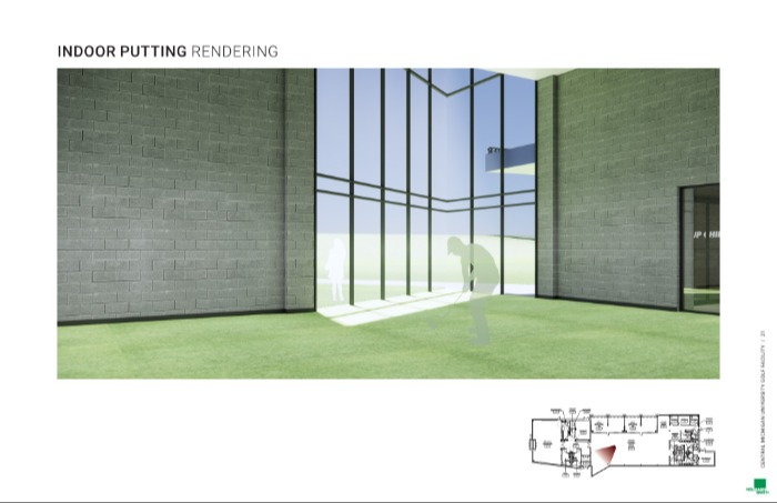 A rendering of the indoor putting area at the planned golf facility with a small floor plan in the corner.