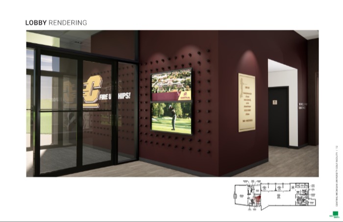 A rendering of the lobby of the new golf facility showing maroon walls and a glass door entrance.