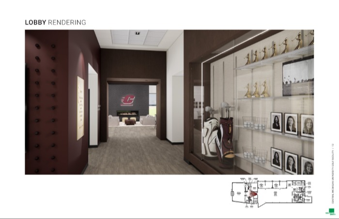 A rendering of the lobby of the new golf facility showing maroon walls and a glass display case.