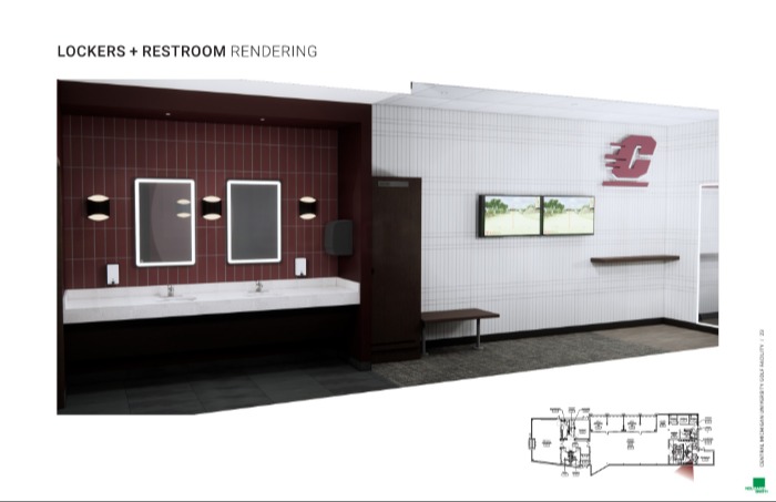 A rendering of a locker room restroom for the golf facility showing maroon tile above white sinks next to a wall with a bench, lockers and tvs.