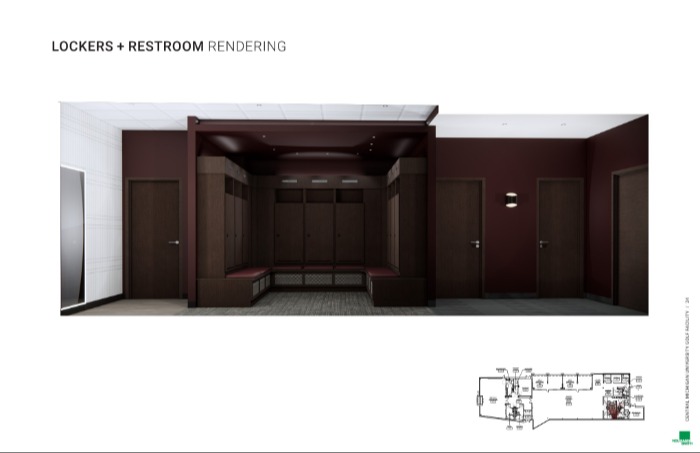 A rendering of the golf facility locker room showing maroon walls, a mirror and lockers.