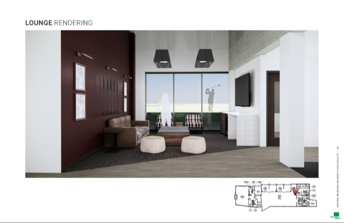 A rendering of the golf facility lounge showing clubs on the wall, a large tv, and maroon and gold sitting area.