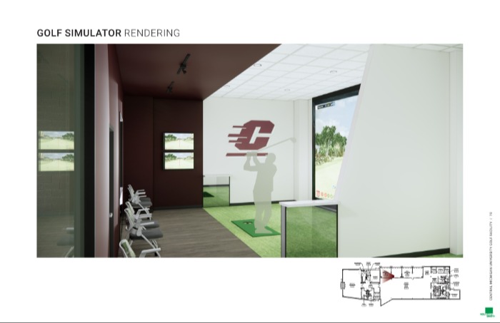 A rendering of the golf simulator show seats for viewing, the green and a large Action C on a white wall behind the area where a person would swing.