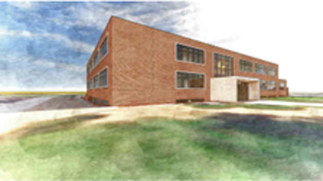 A rendering showing the outside of Ronan Hall from a distance