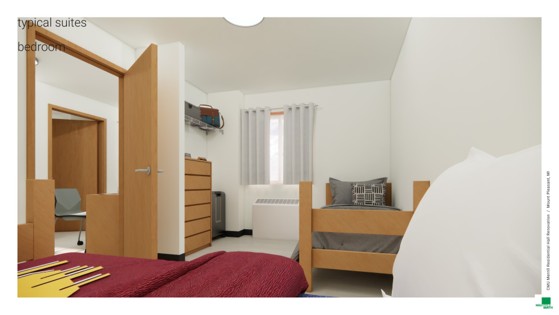 A rendering of a typical suite room, showing a bed across from a dresser with another bed tucked into the wall.