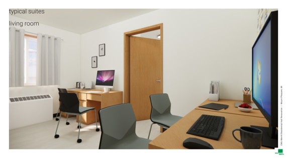 A rendering of a residence hall common room showing three desks with chairs and computers.