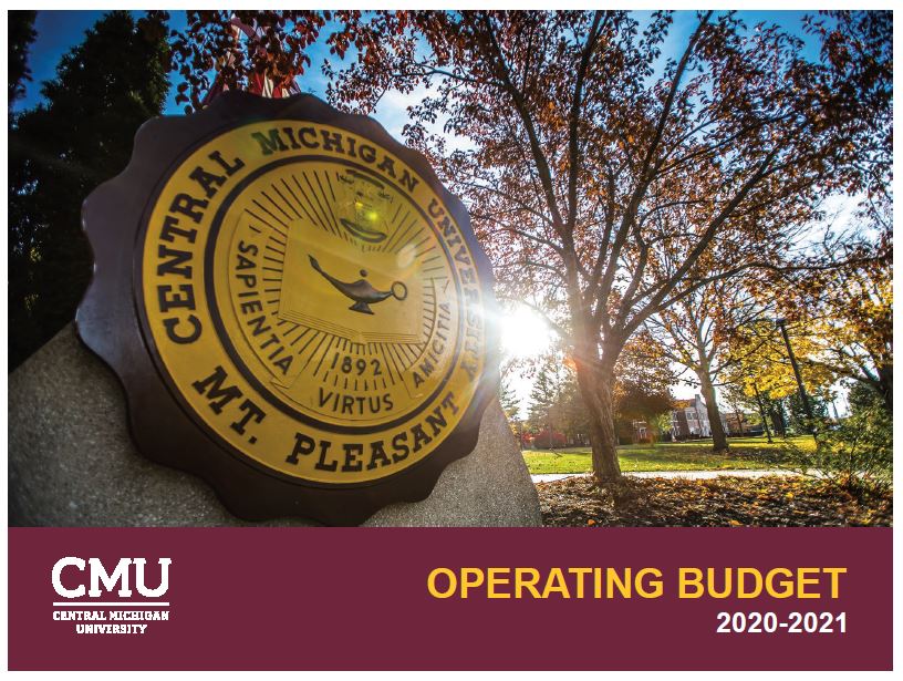 20210713_Operating_Budget_Cover_FY20-21 A picture about the 2020-2021 operating budget slide with the Central Michigan University seal statue as the background