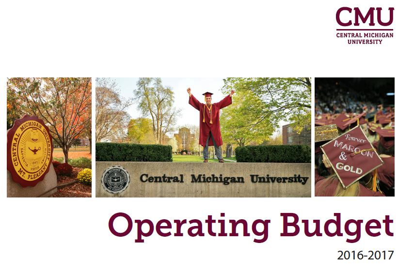 FY17 Operating Budget Pictures of the CMU seal statue, a graduating standing on the CMU concrete sign, and a graduating student's cap all in a row with the title