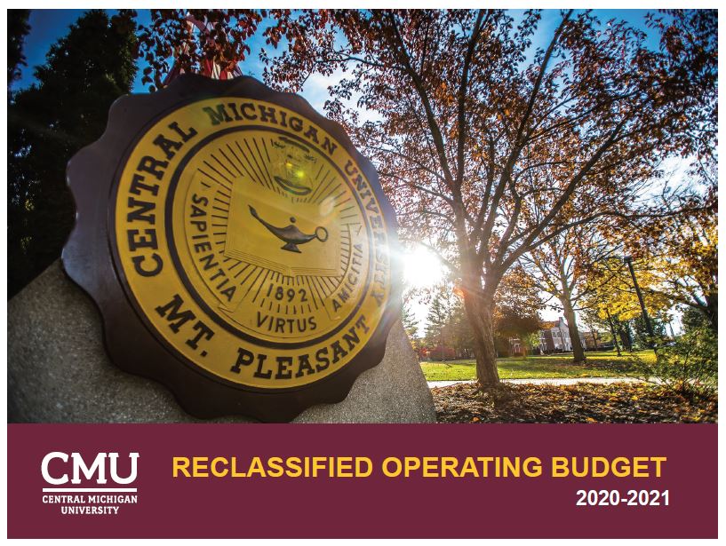 FY21 Reclassified Operating Budget A photo of the Central Michigan University seal statue with the title