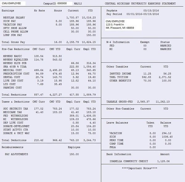 Earnings Statement Guide | Payroll | Central Michigan University