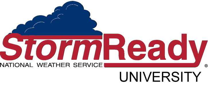 Graphic featuring bold read text under a dark blue storm cloud reads: National Weather Service StormReady University