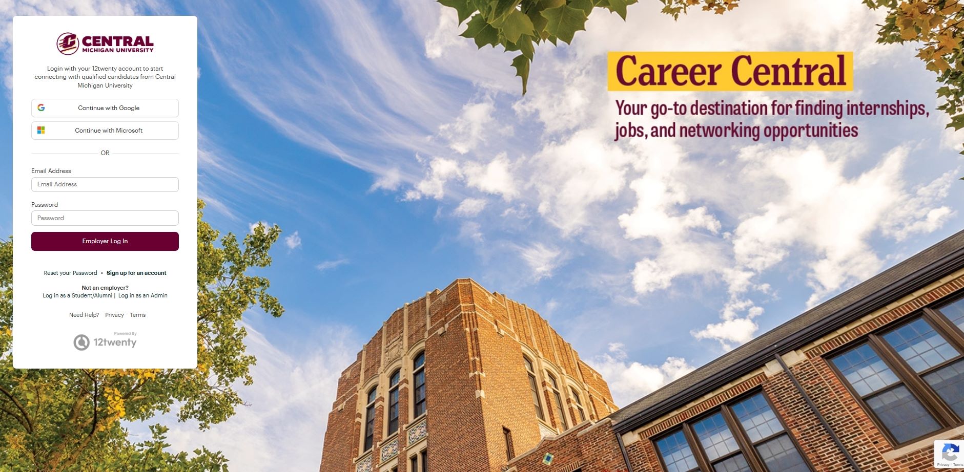 Career Central login page for Central Michigan University showing employer sign in options and headline text about finding internships, jobs, and networking opportunities, displayed over a background image of a campus building and blue sky.
