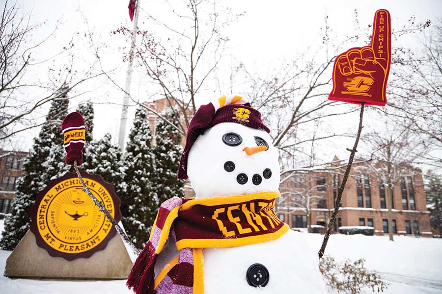 Snowman dressed up in CMU gear