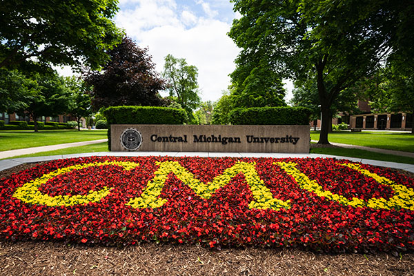 CMU flower bed and sign on campus