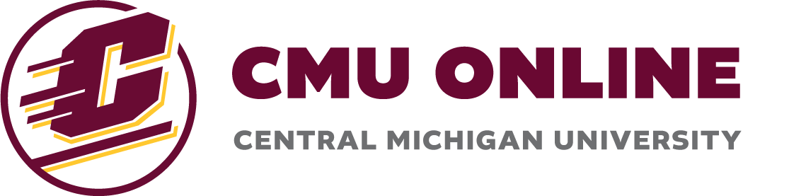 Central Michigan University CMU Online Gold and Maroon Logo with the flying C on the left