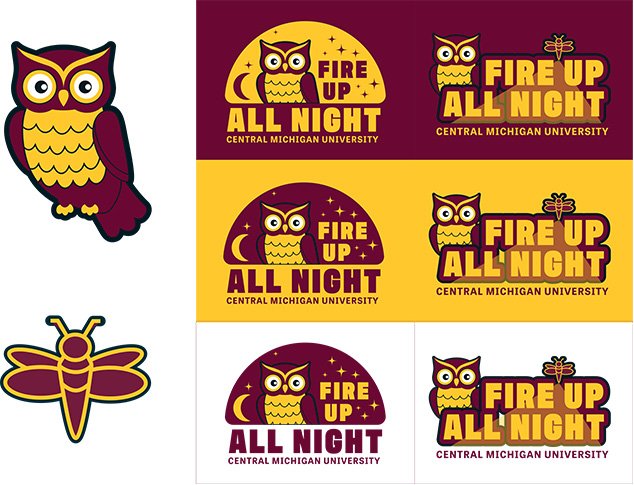 SAI_Fire Up All Night Spirit Mark_25 Branding for SAI event, Fire Up All Night, featuring a firefly lighting up those words and a horned owl to the left.