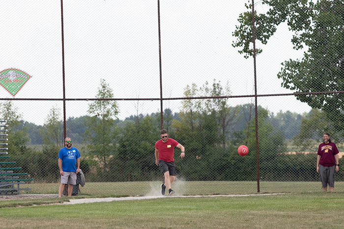 A player drills the ball back at the pitcher.