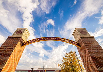 Central Michigan University archway across the crosswalk from McGuirk Arena