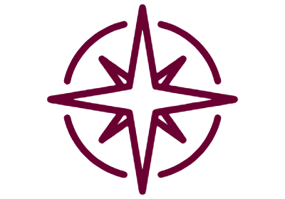Orientation navigation card image A maroon graphic of a compass star.