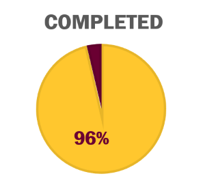 Maroon and gold pie chart showing percentage of overall project completed.