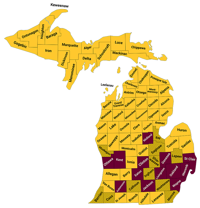 State of Michigan map in yellow and gold. Each county is outlined in black dotted lines and is labeled with the county name. A key to other content is provided within the text block found immediately above the image.