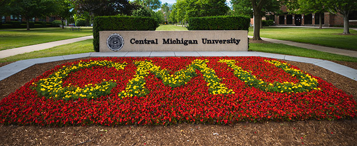 CMU Flowers and Wall at entrance to campus