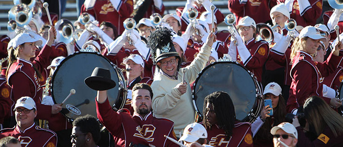 CMU President Bob Davies with the Marching Chips