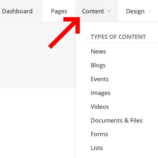 This image shows where the content tab is in Sitefinity on the top navigation bar between the pages tab and the design tab.