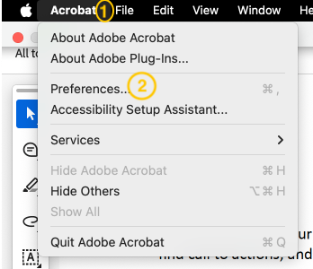 Screenshot of adobe acrobat opening the top window menu and selecting Preferences