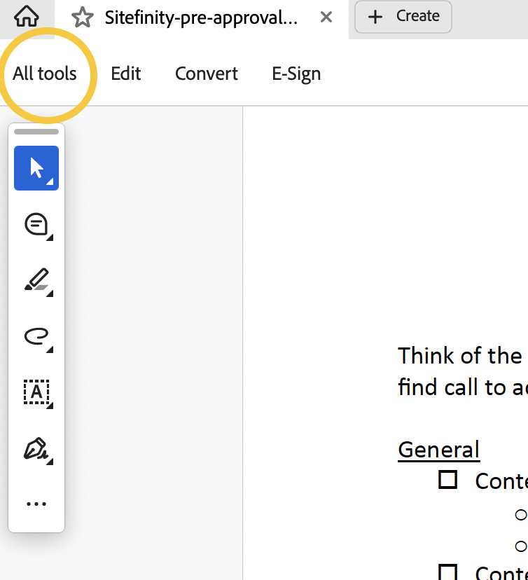 Screenshot of Adobe Acrobat with All tools menu item circled in gold