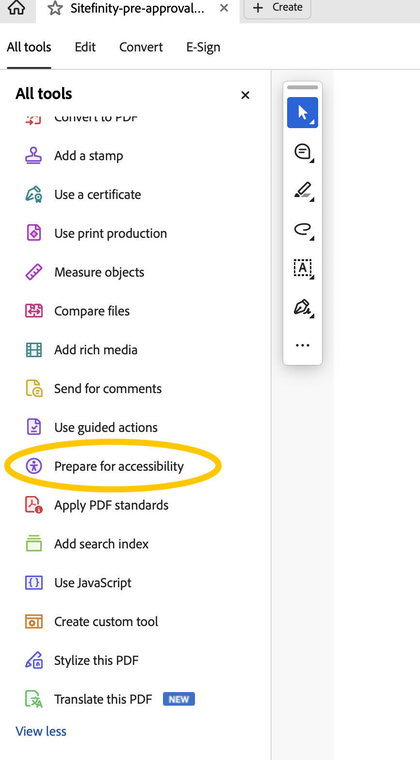 Screenshot of adobe acrobat left side menu with gold circle around Prepare for Accessibility