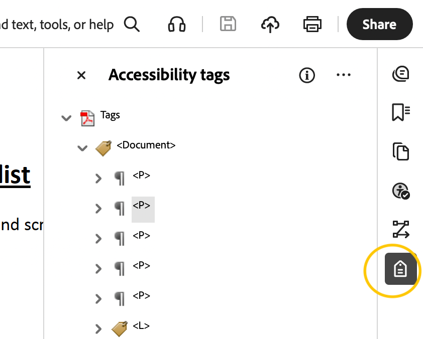 Screenshot of adobe acrobat right hand menu with a gold circle over the tag icon