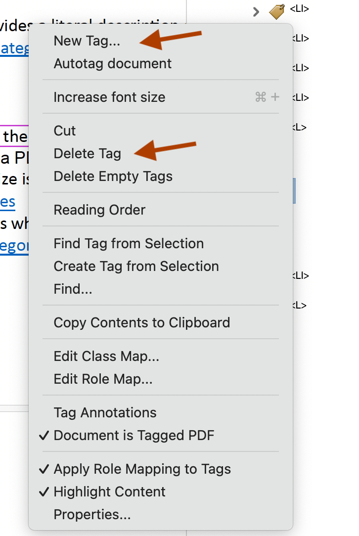 Screenshot of adobe acrobat menu from clicking on an element, with maroon arrows pointing to New Tag and Delete Tag