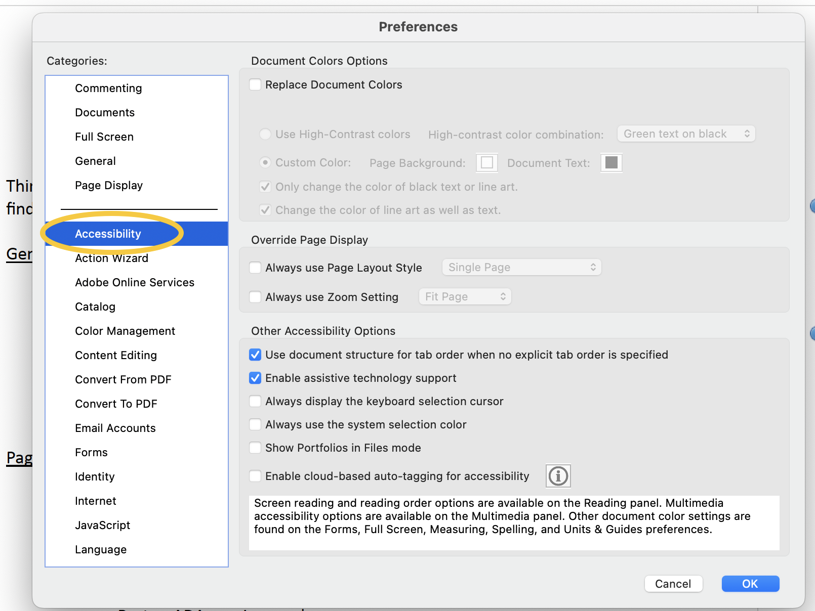 Preferences menu in adobe acrobat with the it Accessibility circled in gold