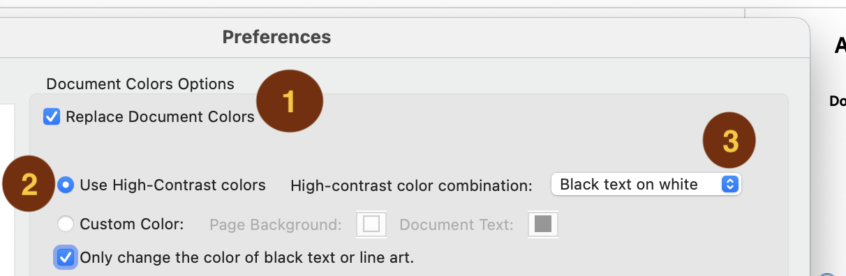 Preferences menu in adobe acrobat, saying to check Replace Document Colors, then select Use High Contrast Colors, then select Black text on white