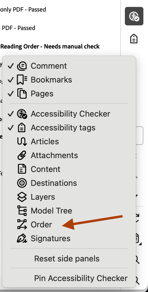 Screenshot of adobe accessibility toolbar menu with the Z Order icon emphasized with a maroon arrow