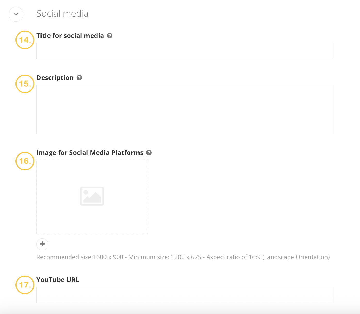 News-social-media A screenshot of the social media section of the news page backend in Sitefinity. The fields are labeled 14 through 17 in gold numbers.