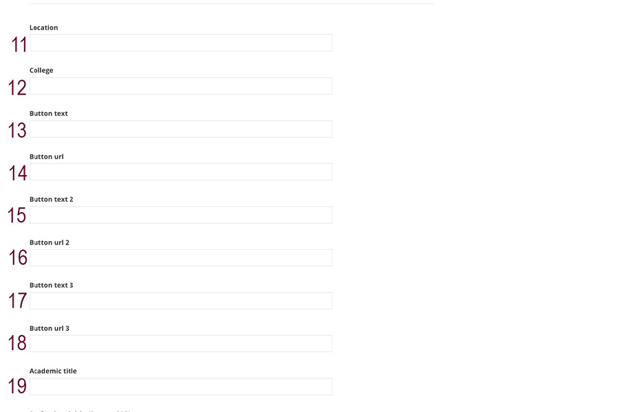 People-fields-11-19 A screenshot showing the people profile fields in the backend numbered 11-19 in maroon.