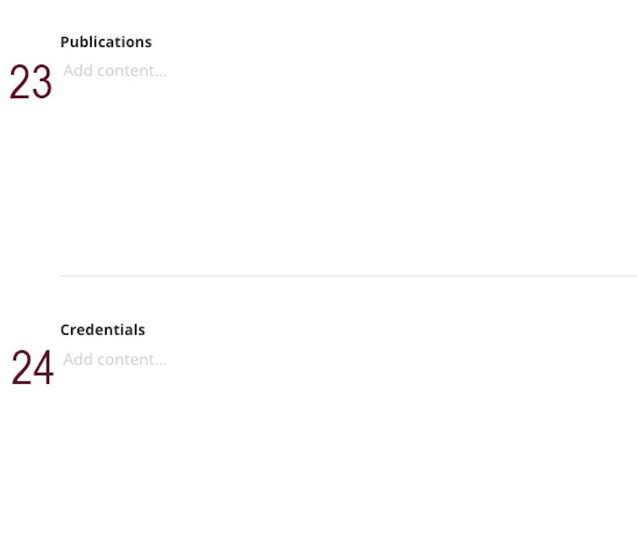 People-fields-23-24 A screenshot of the publications and credentials fields in the people profile backend in Sitefinity with maroon 23 and 24 next to them.