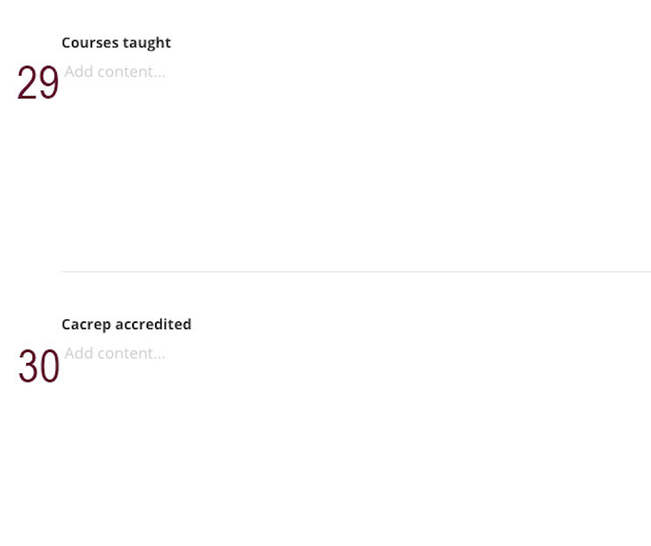 People-fields-29-30 A screenshot of the courses taught and CACREP accredited fields in the backend of a people page in Sitefinity labeled with a maroon 29 and 30.