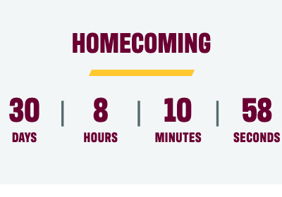 Screenshot of the countdown widget, this example shows maroon text that say homecoming, along with maroon numbers counting down until the event in days, hours, minutes and seconds. There is a gold line under the title of the event.